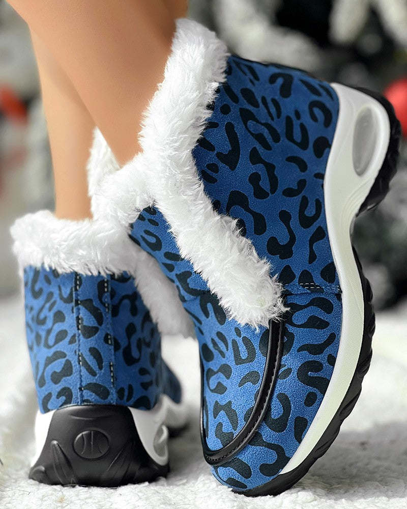 Leopard Fuzzy Detail Lined Warm Ankle Boots