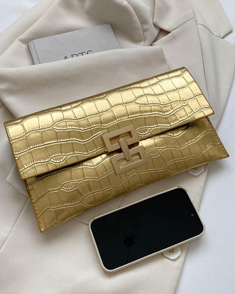 Crocodile Press Lock Envelop Flap Clutch Bag