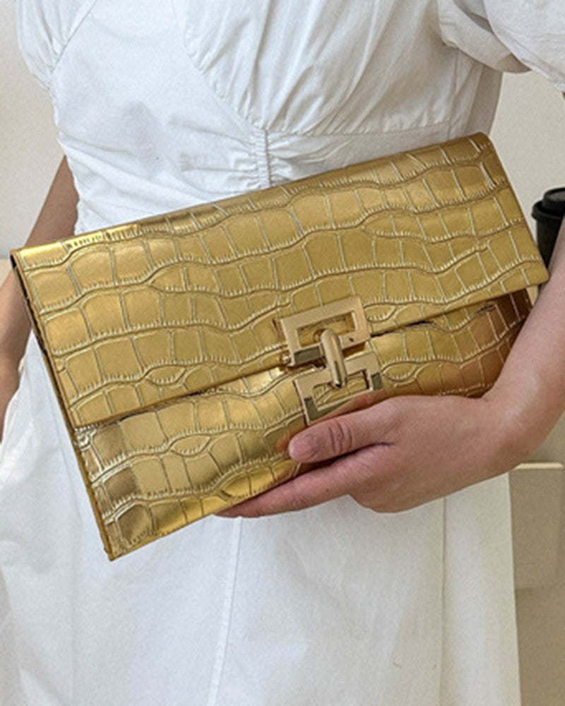 Crocodile Press Lock Envelop Flap Clutch Bag