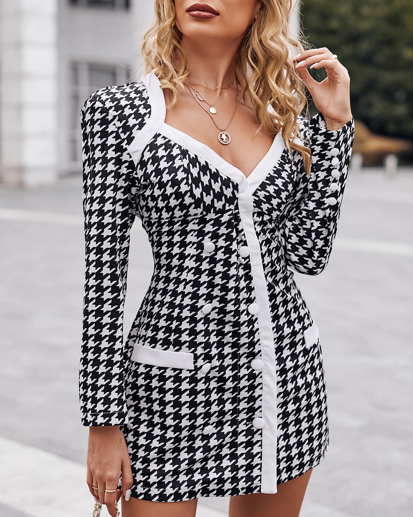 Houndstooth Button Decor Padded Shoulder Blazer Dress