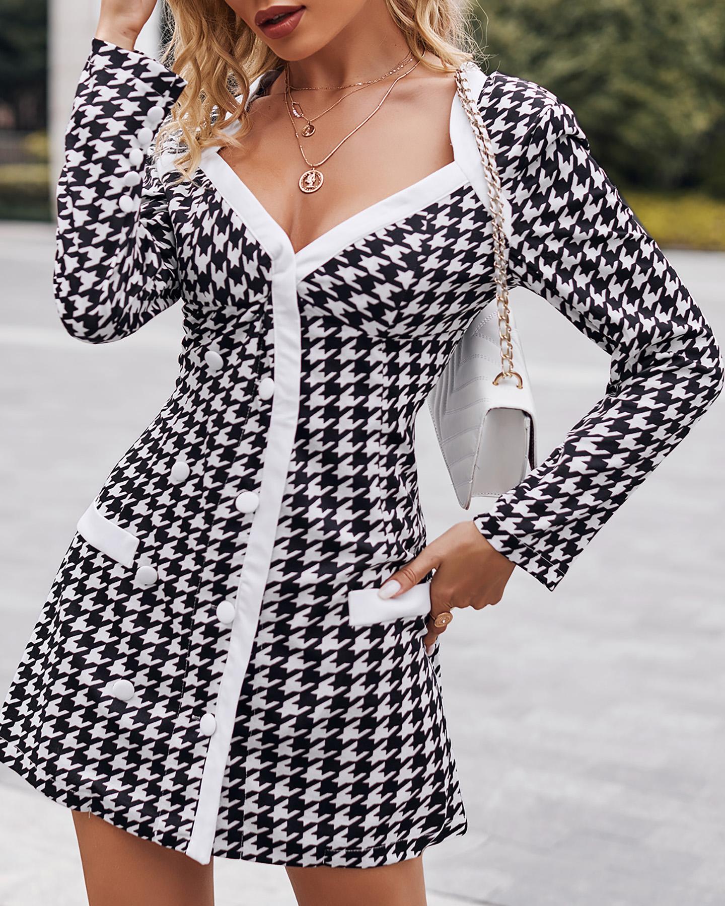 Houndstooth Button Decor Padded Shoulder Blazer Dress