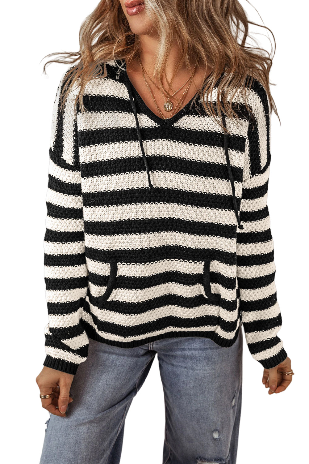 White Stripe V Neck Pocketed Drawstring Hooded Sweater