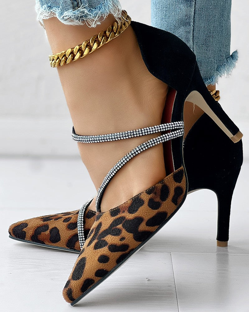 Leopard Print Rhinestone Decor Stiletto Heels Pumps