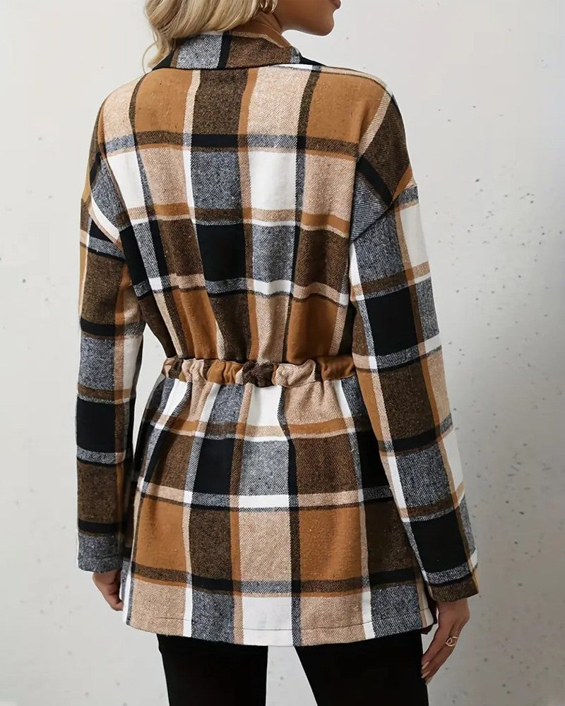 Plaid Pattern Flap Detail Drawstring Waist Button Front Coat