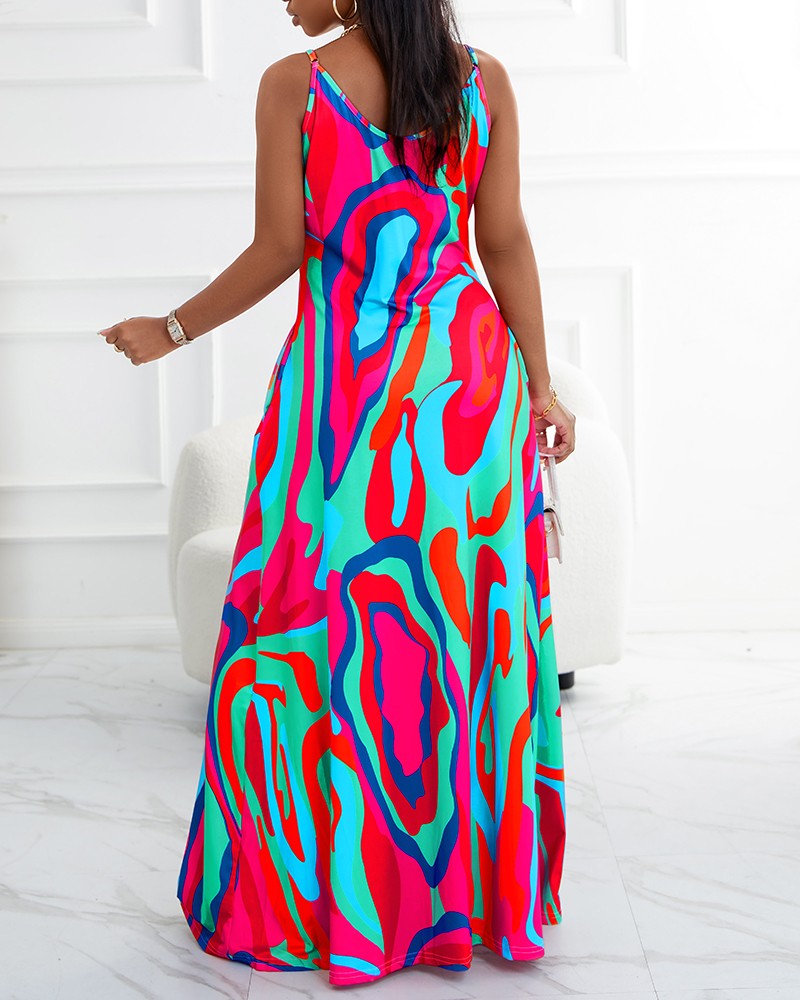 Abstract Print Spaghetti Strap Maxi Dress