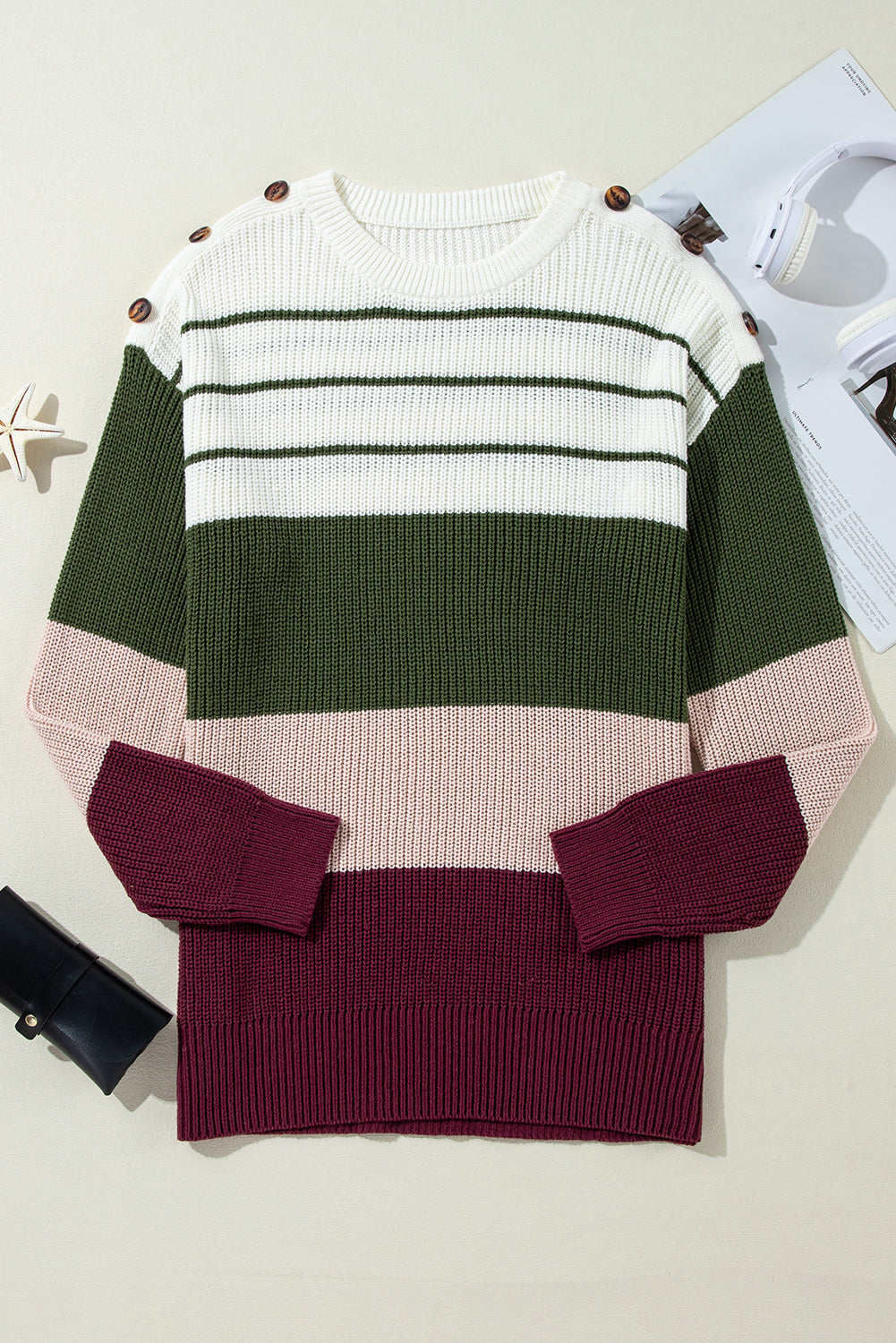 Green Color Block Striped Buttoned Shoulder Split Sweater