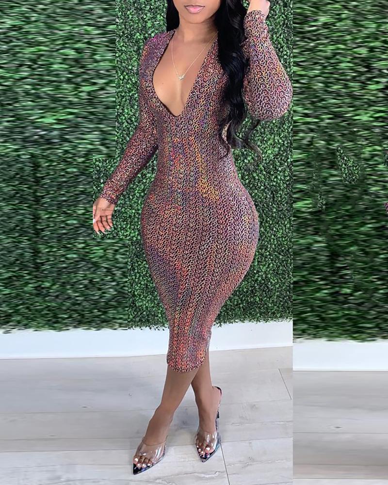 Abstract Print Long Sleeve Plunge Bodycon Dress