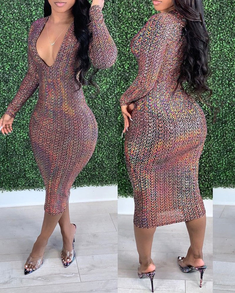 Abstract Print Long Sleeve Plunge Bodycon Dress