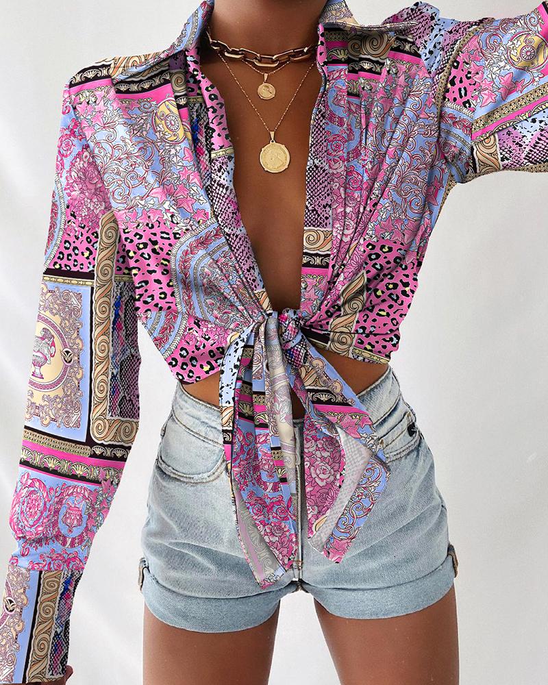 Scarf Print Tie Front Long Sleeve Shirt