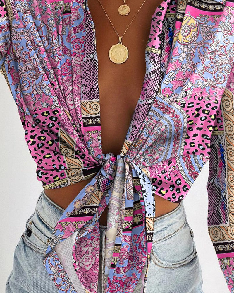 Scarf Print Tie Front Long Sleeve Shirt