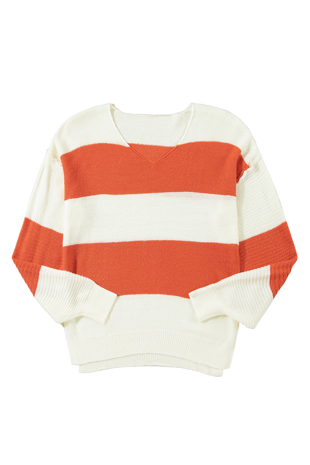 Orange Stripe Loose Color Block Drop Shoulder Bubble Sleeve Sweater