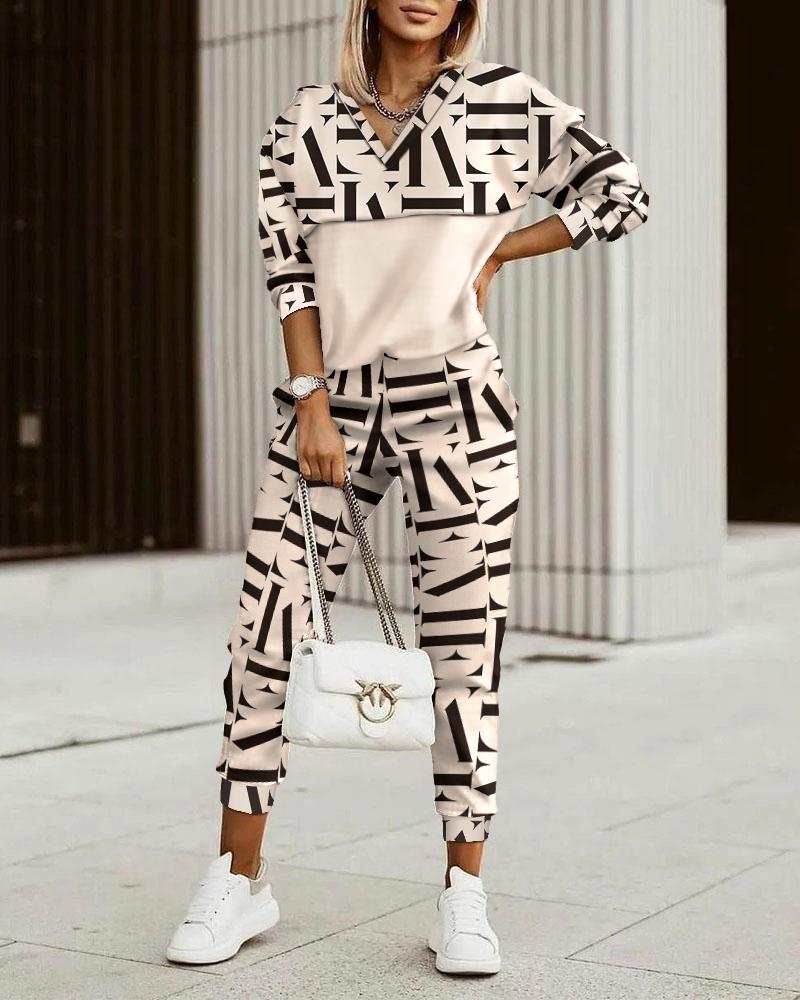 Geo Letter Print Long Sleeve Top & Pants Set