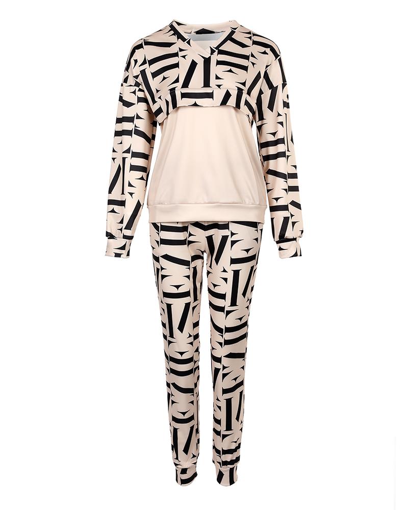 Geo Letter Print Long Sleeve Top & Pants Set