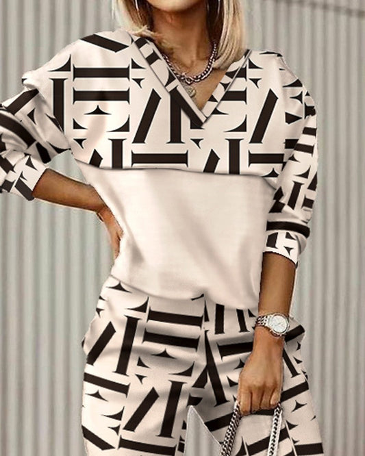 Geo Letter Print Long Sleeve Top & Pants Set