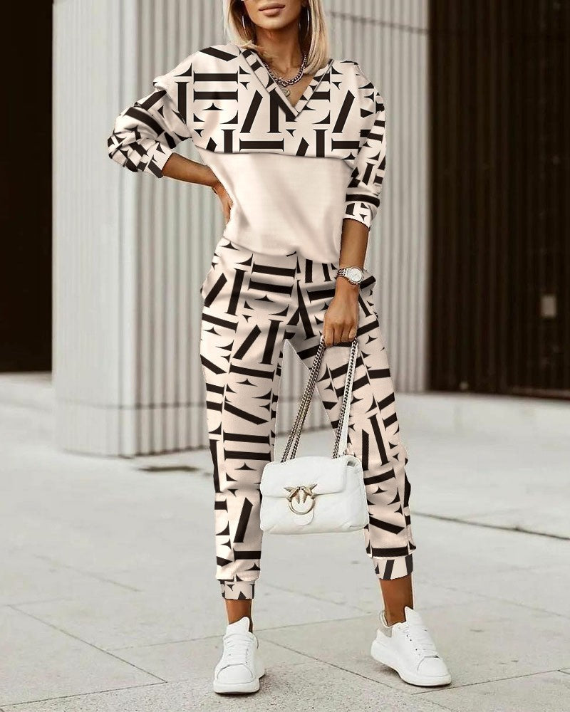 Geo Letter Print Long Sleeve Top & Pants Set