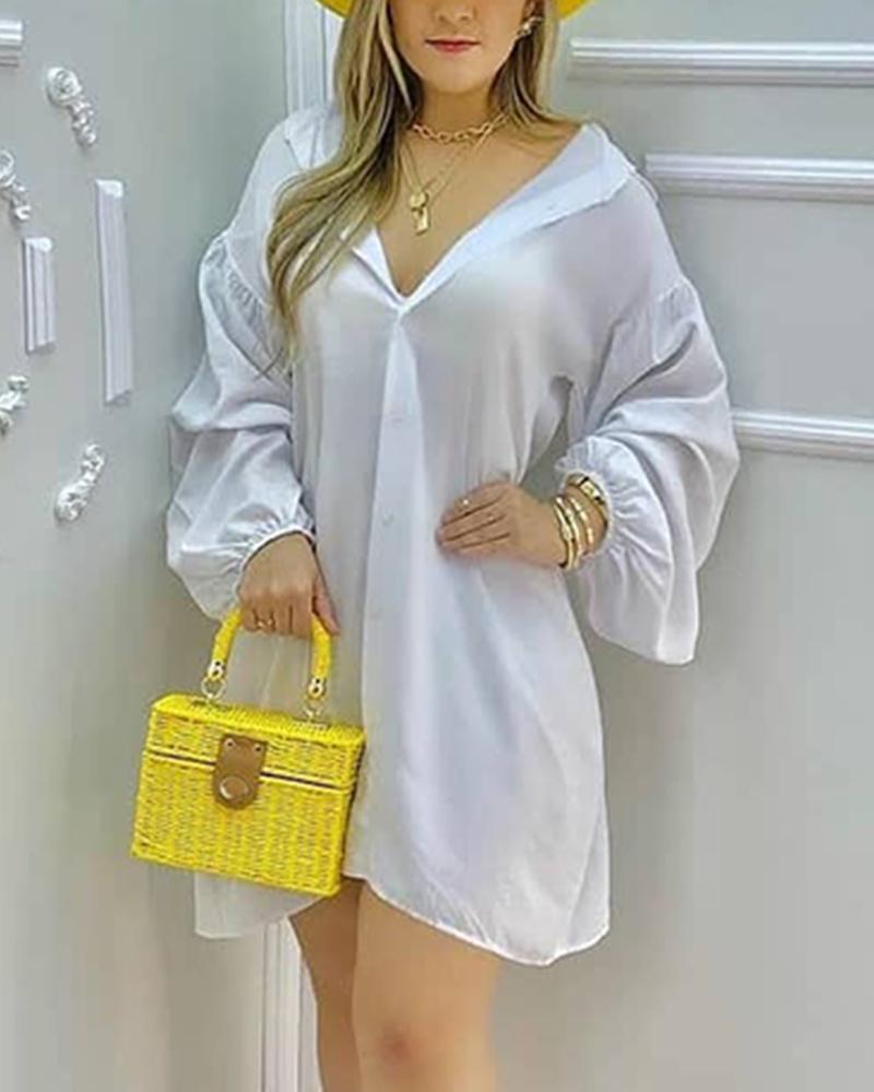 Lantern Sleeve Button Down Shirt Dress