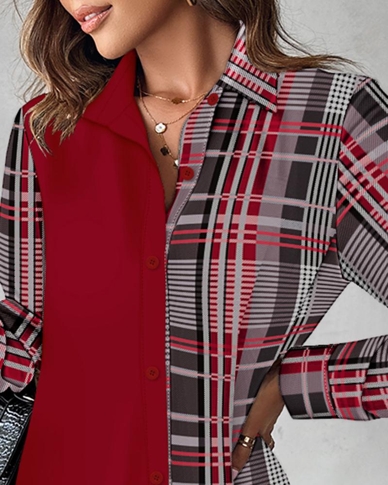 Colorblock Plaid Print Buttoned Shirt Dress