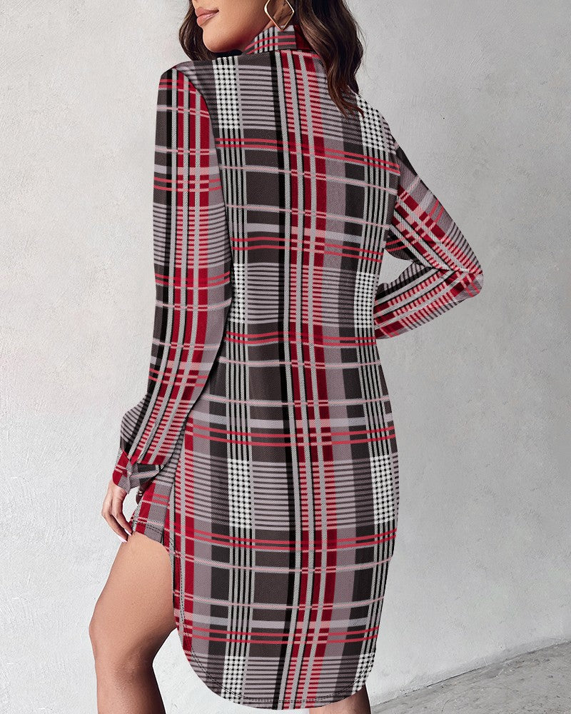 Colorblock Plaid Print Buttoned Shirt Dress