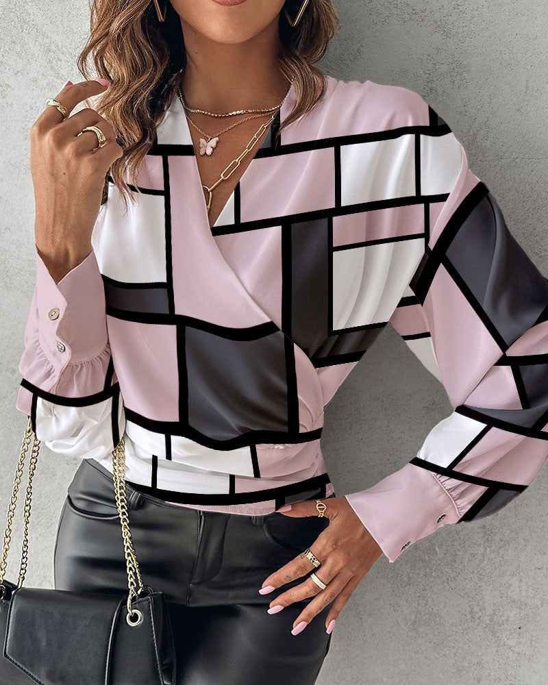 Geometric Print Overlap Buttoned Top