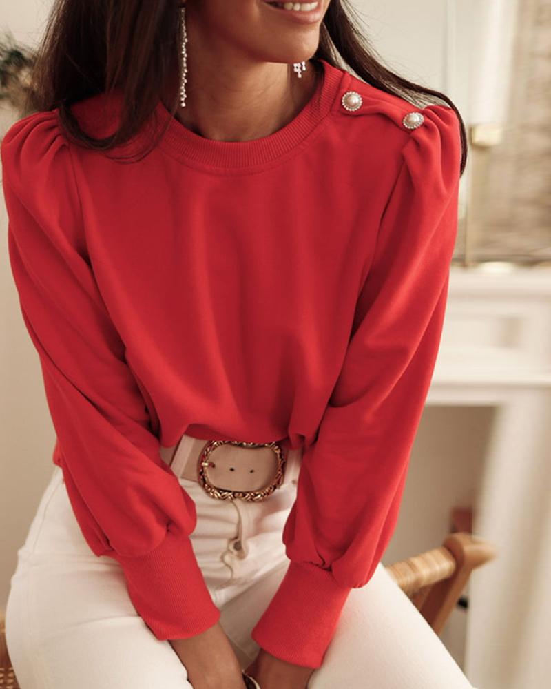 Round Neck Long Sleeve Button Decor Sweatshirt