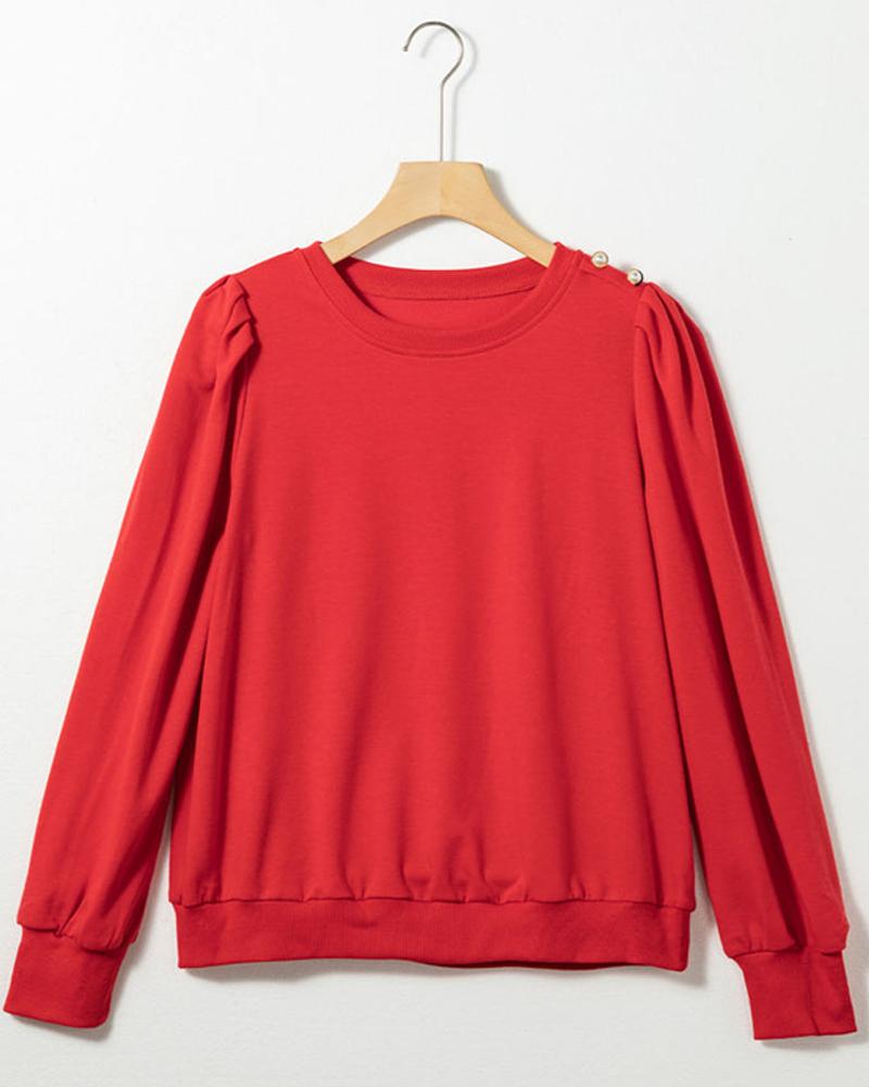 Round Neck Long Sleeve Button Decor Sweatshirt