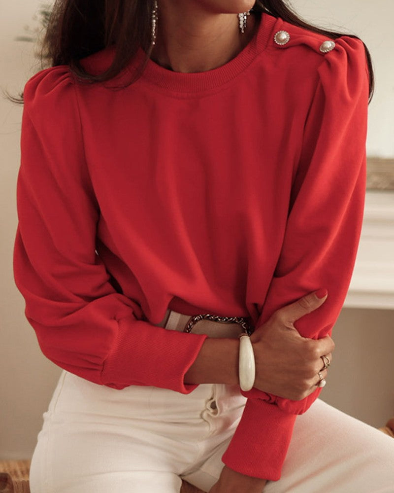 Round Neck Long Sleeve Button Decor Sweatshirt