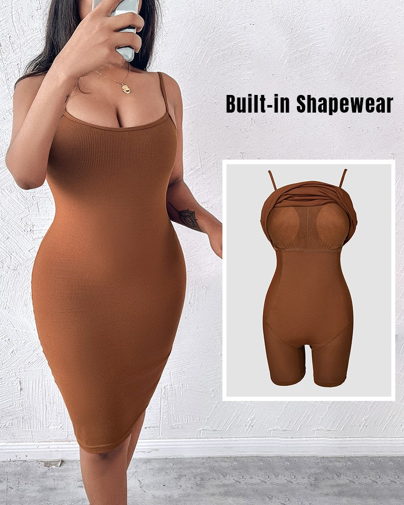 Shapewear Dress Bodycon Midi Dress Built in Bra Summer Casual Tummy Control Slip Dress with Adjustable Straps