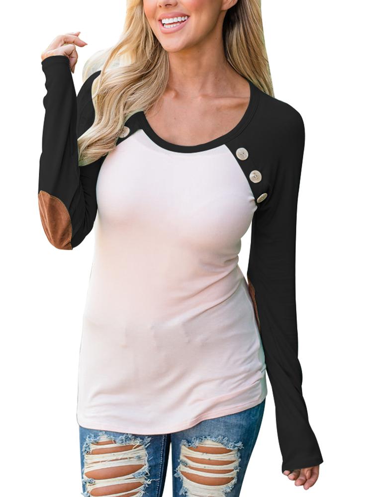 Buttoned Elbow Patches Raglan Sleeve Slinky Blouse