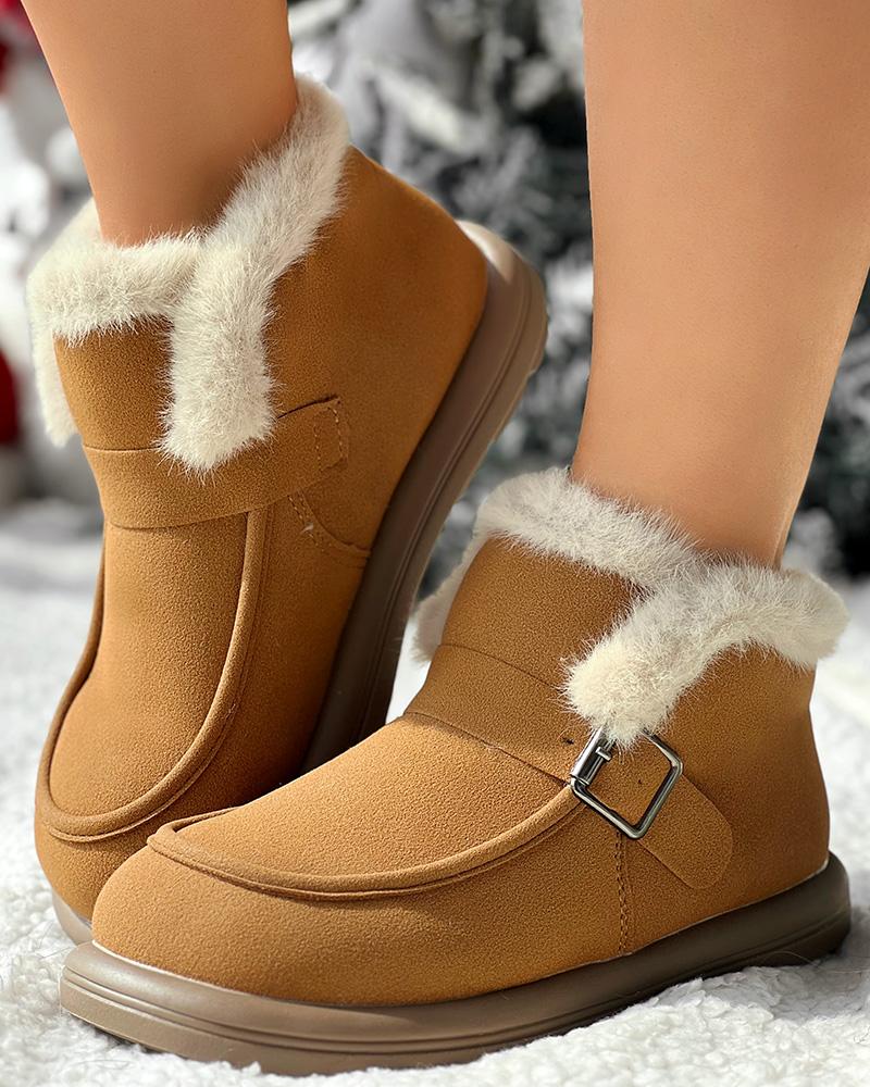 Buckled Fuzzy Lined Warm Ankle Boots