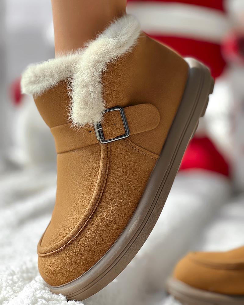 Buckled Fuzzy Lined Warm Ankle Boots