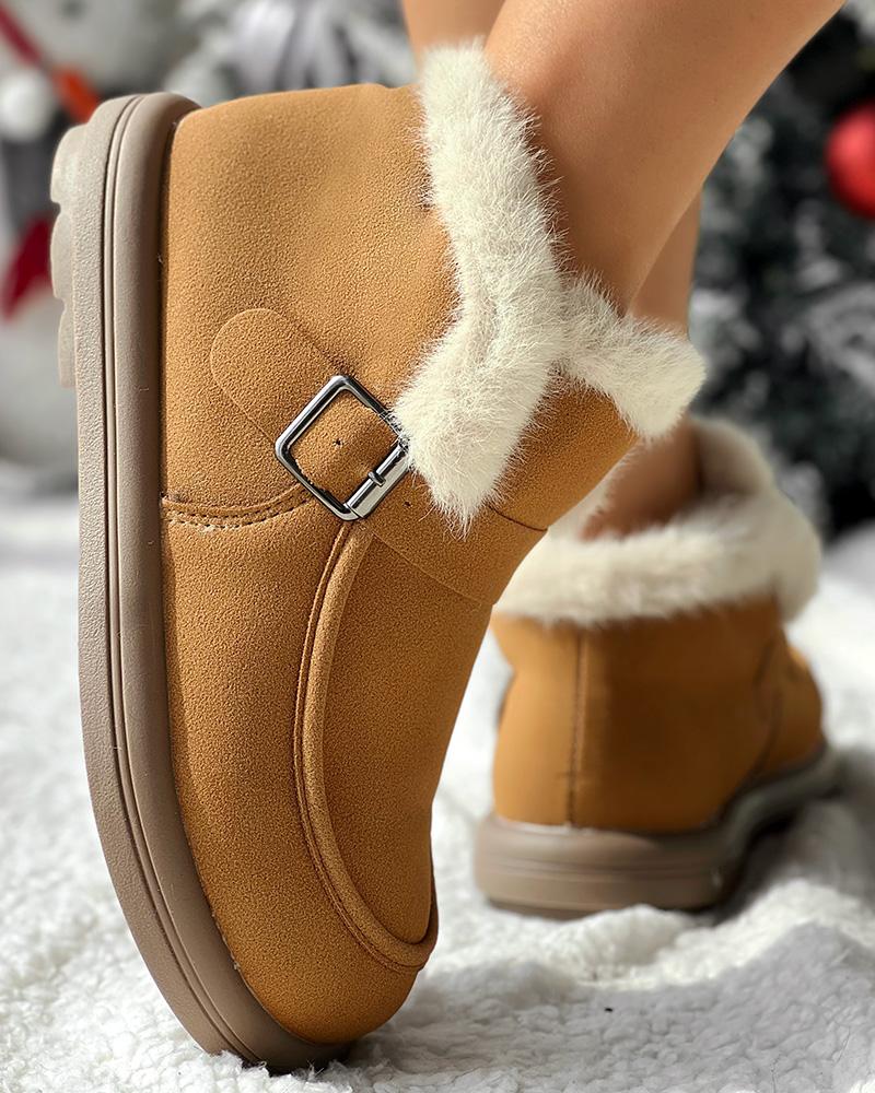 Buckled Fuzzy Lined Warm Ankle Boots