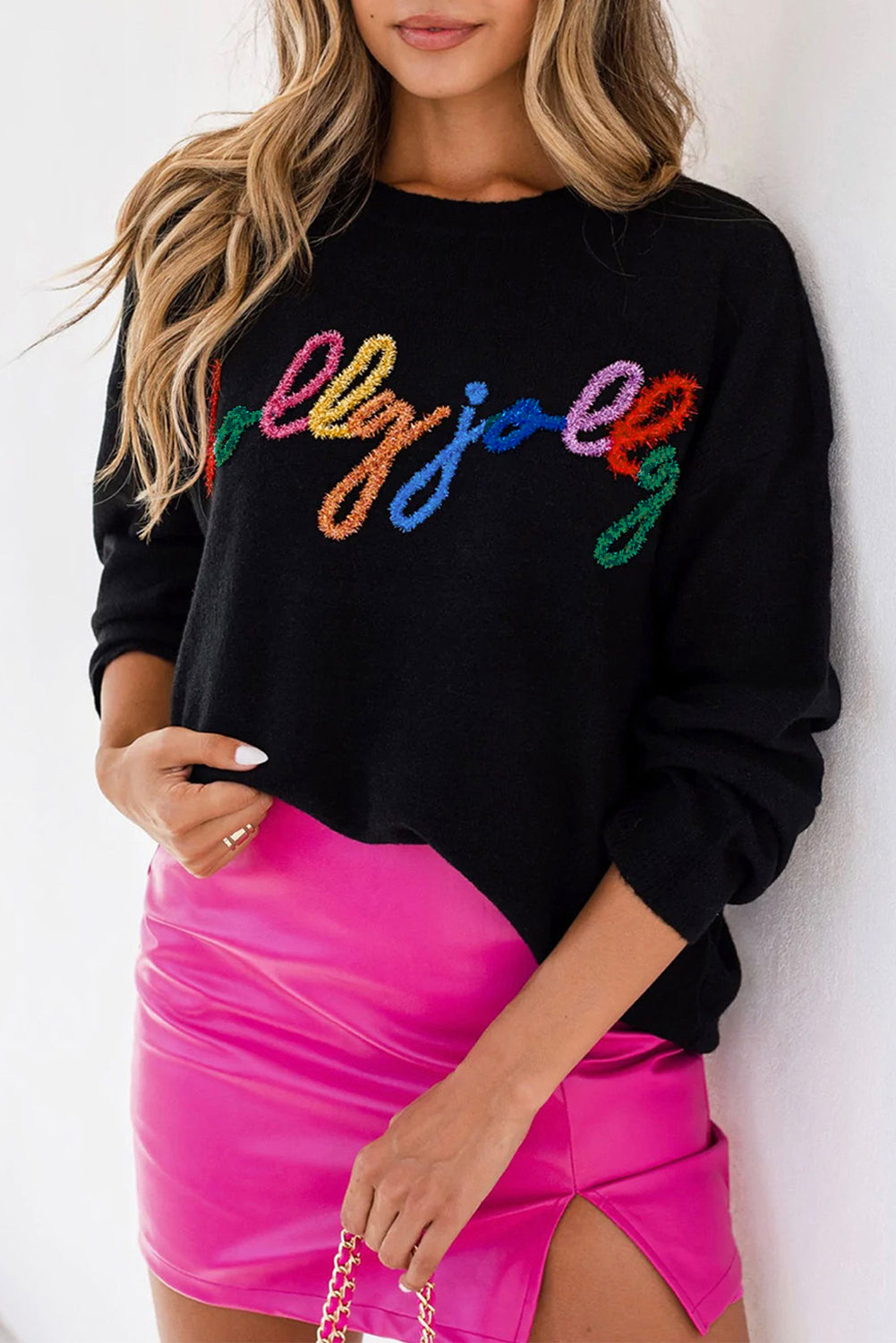 Black Holly Jolly Round Neck Casual Sweater