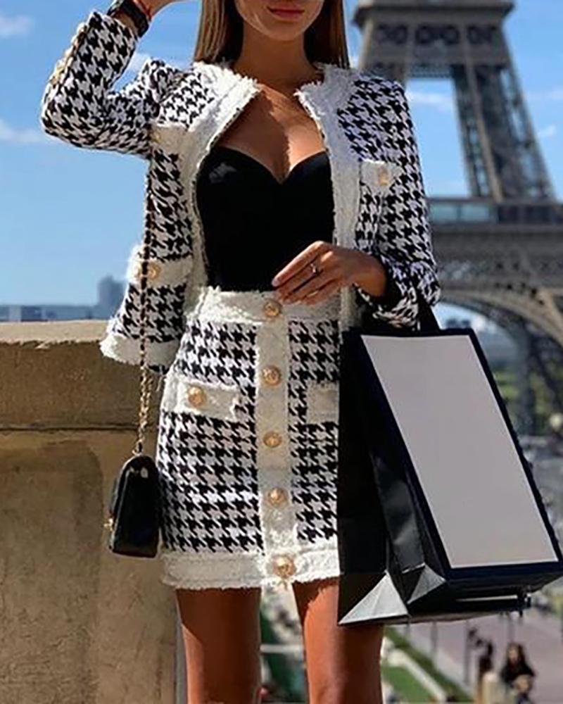 Houndstooth Buttoned Pocket Design Coat & High Waist Skirt Set