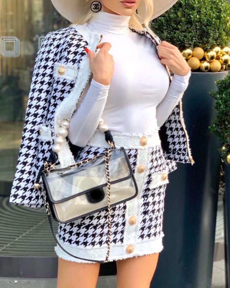 Houndstooth Buttoned Pocket Design Coat & High Waist Skirt Set