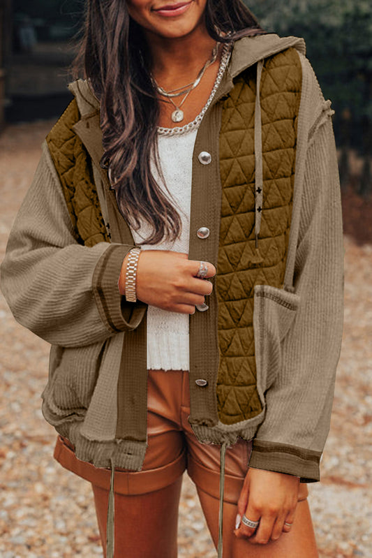 Coral Quilted Textured Patchwork Loose Fit Hooded Jacket