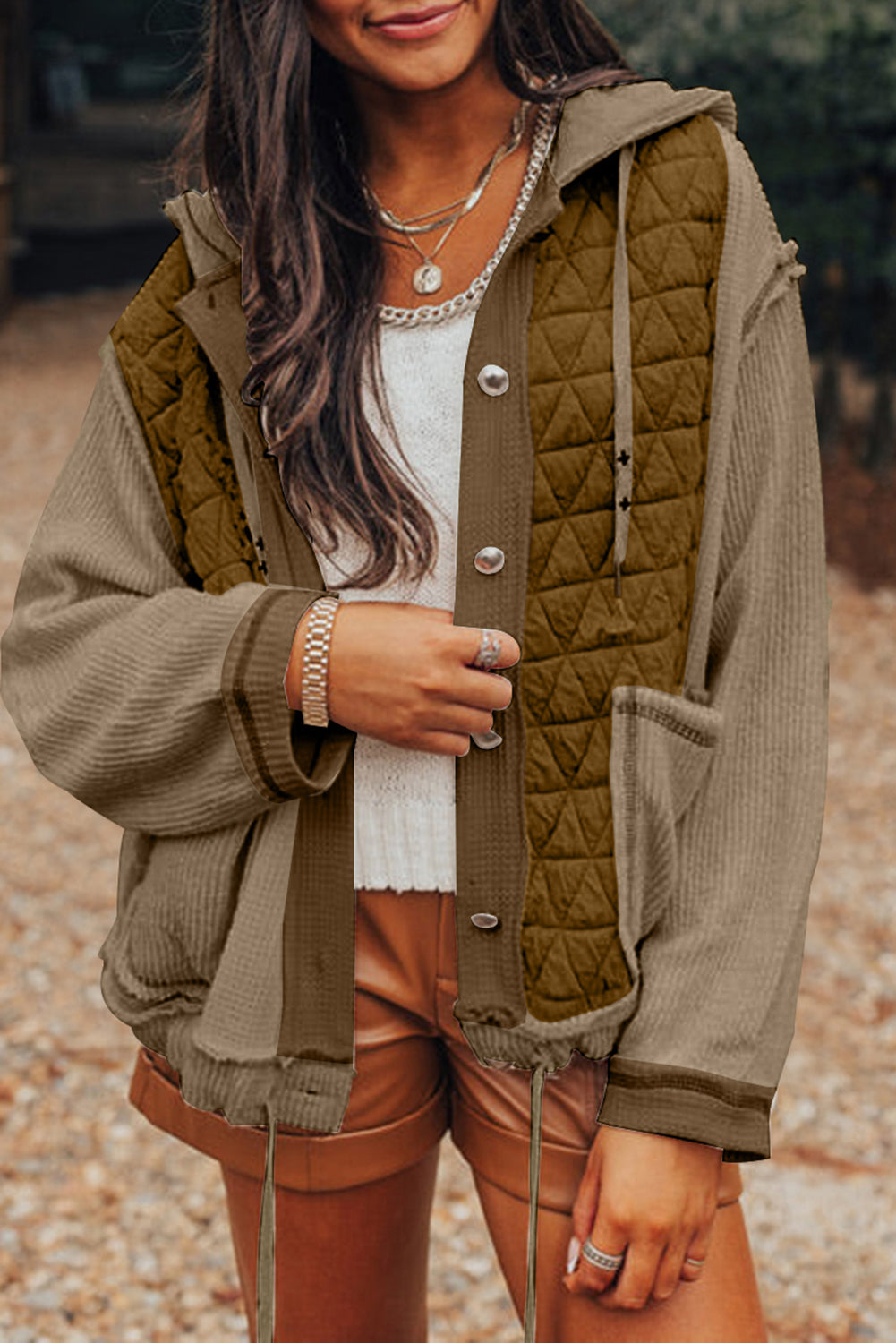 Light Blue Quilted Textured Patchwork Loose Fit Hooded Jacket