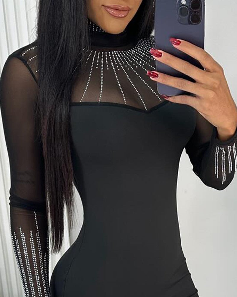 Sheer Mesh Patch Rhinestone Decor High Neck Bodycon Dress