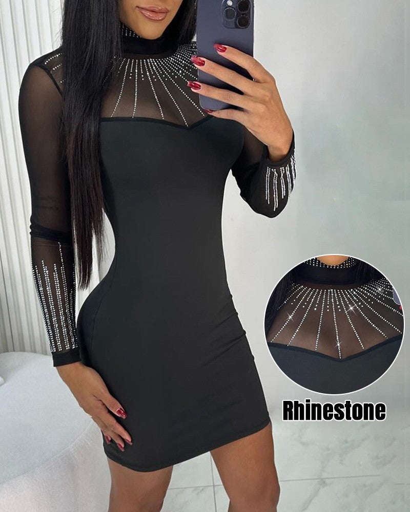 Sheer Mesh Patch Rhinestone Decor High Neck Bodycon Dress