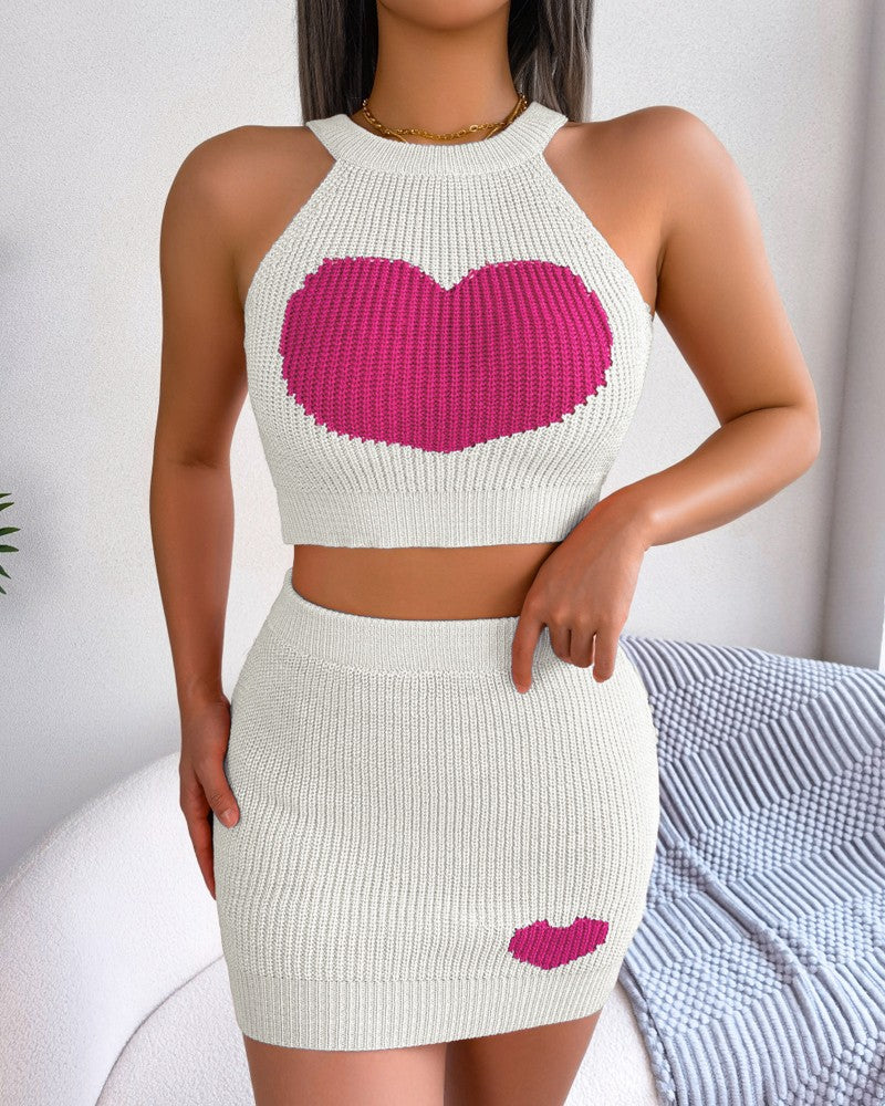 Heart Pattern Tank Top & High Waist Skirt Set