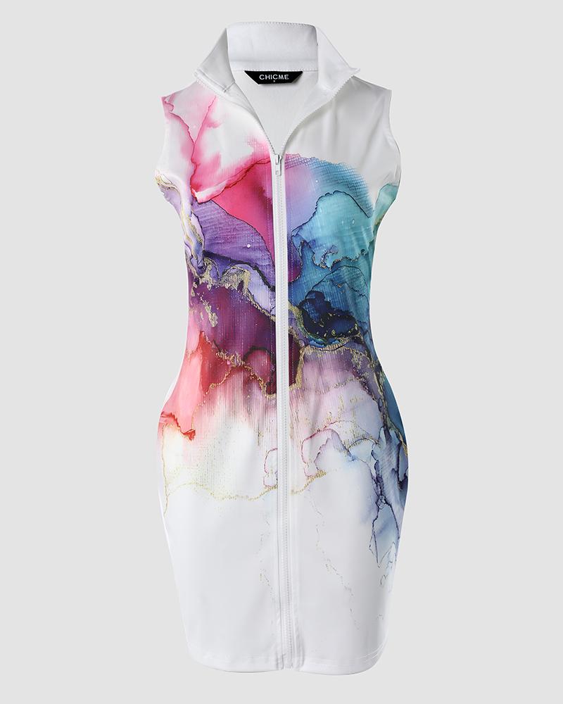 Marble Print Zipper Fly Sleeveless Bodycon Dress