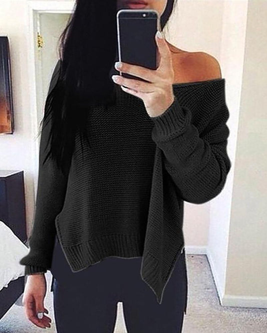 Solid Side Slit Long Sleeve Casual Sweater