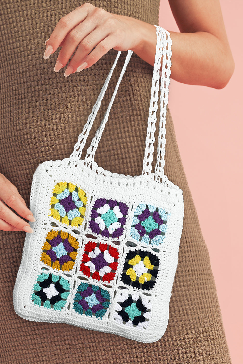 White Floral Pattern Hollow Out Crochet Shoulder Bag