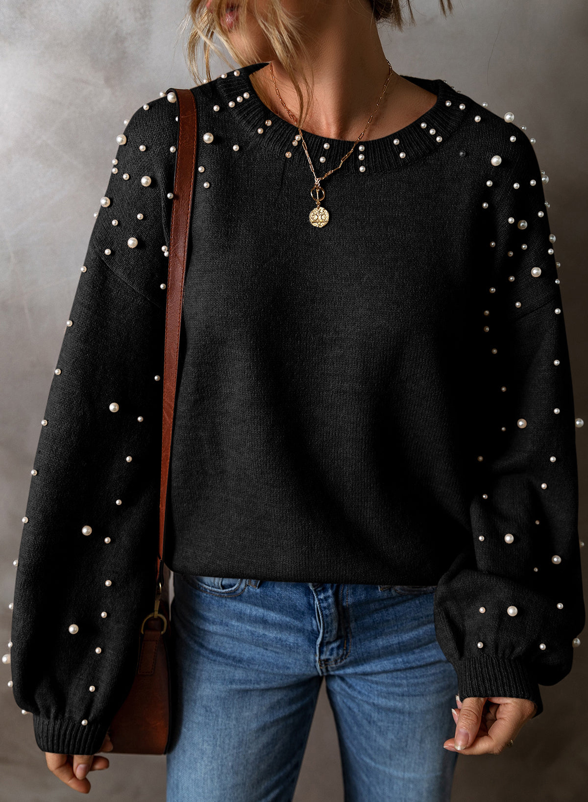 Black Pearled Drop Shoulder Round Neck Sweater