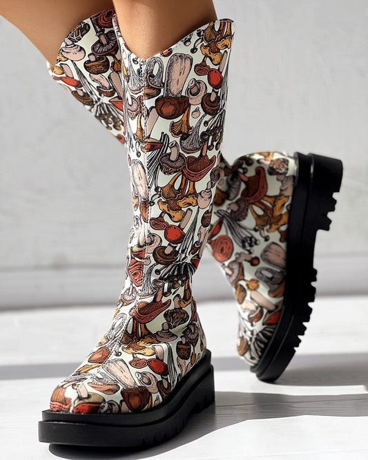 Mushroom Print Platform Over The Calf Boots