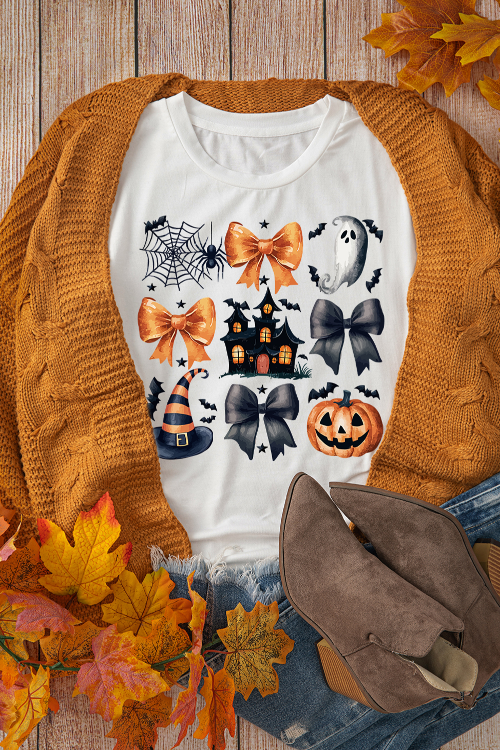 White Bowknot Pumpkin Ghost Halloween Print Round Neck T Shirt