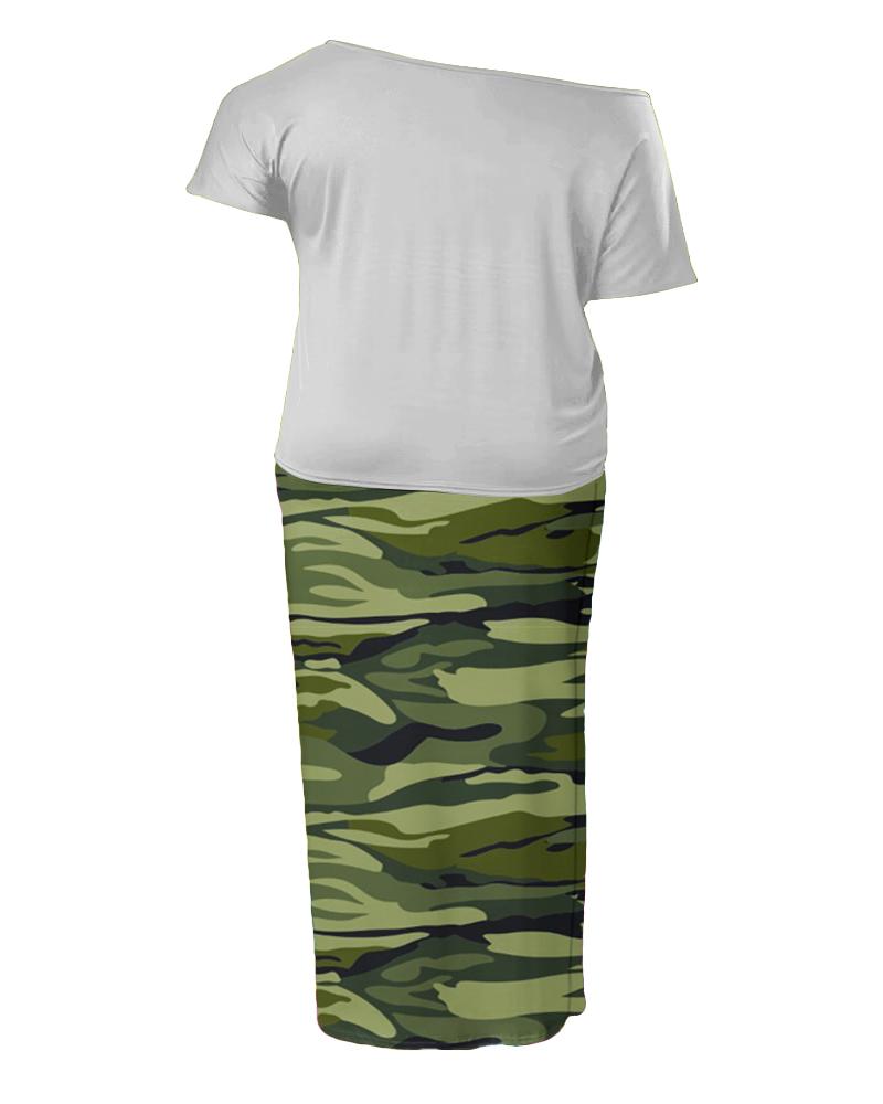 Plus Size Slogan Camo Print Top & Drawstring Maxi Skirt Set