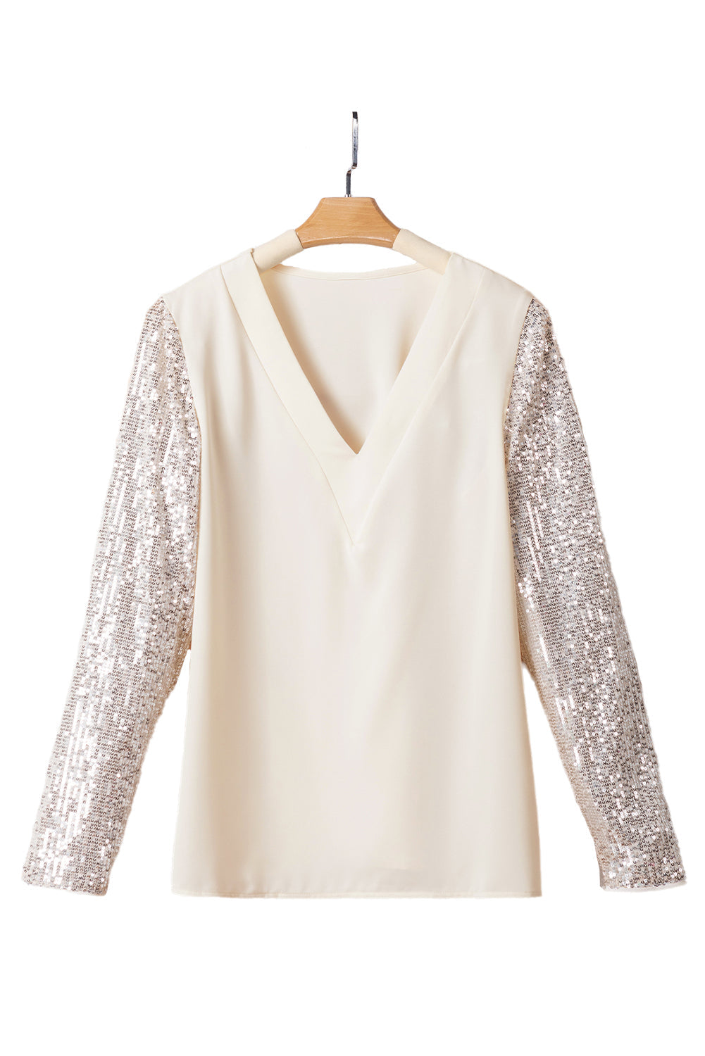 White Sequined Sleeves Patchwork V Neck Blouse