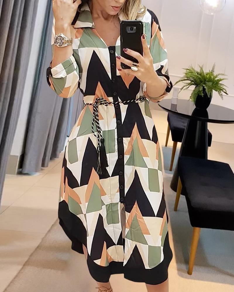 Geo Print Long Sleeve Asymmetrical Shirt Dress