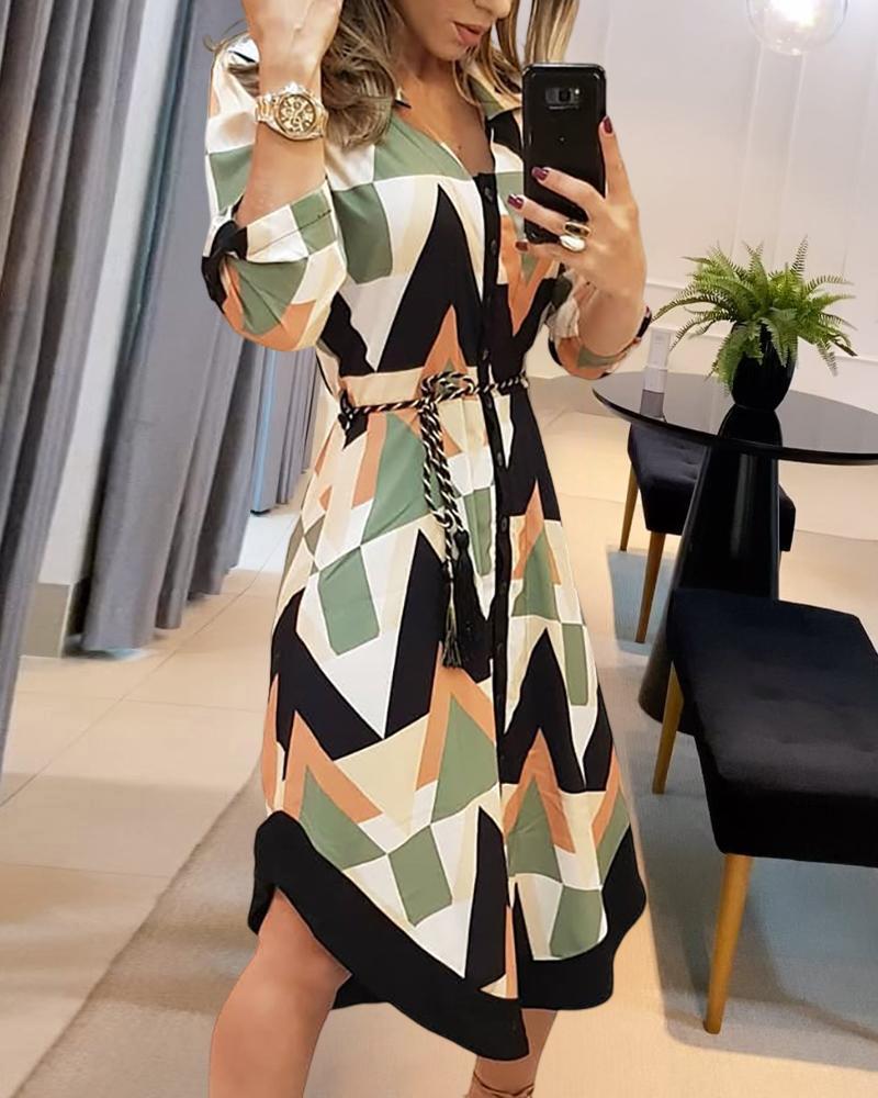 Geo Print Long Sleeve Asymmetrical Shirt Dress