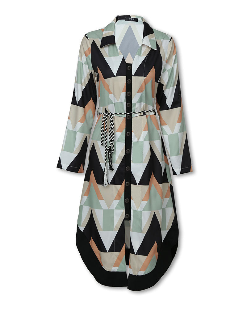 Geo Print Long Sleeve Asymmetrical Shirt Dress